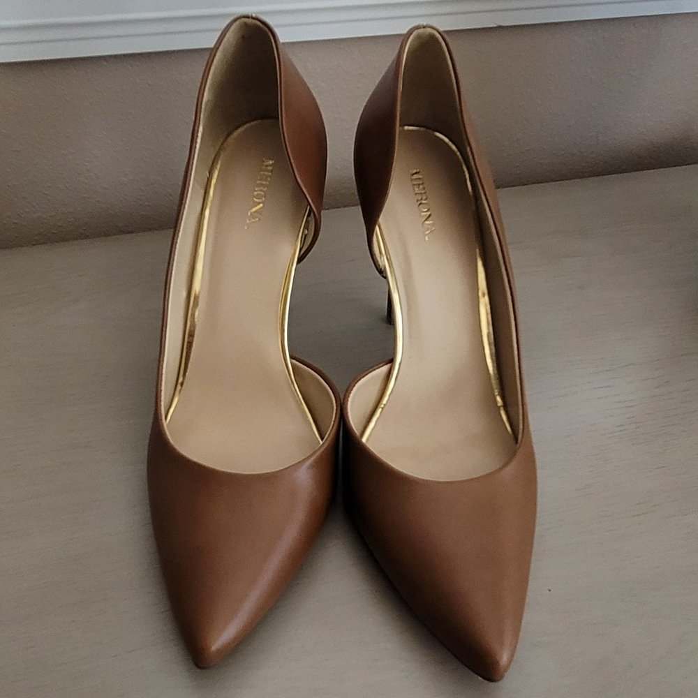 Tan Heels with Gold accents